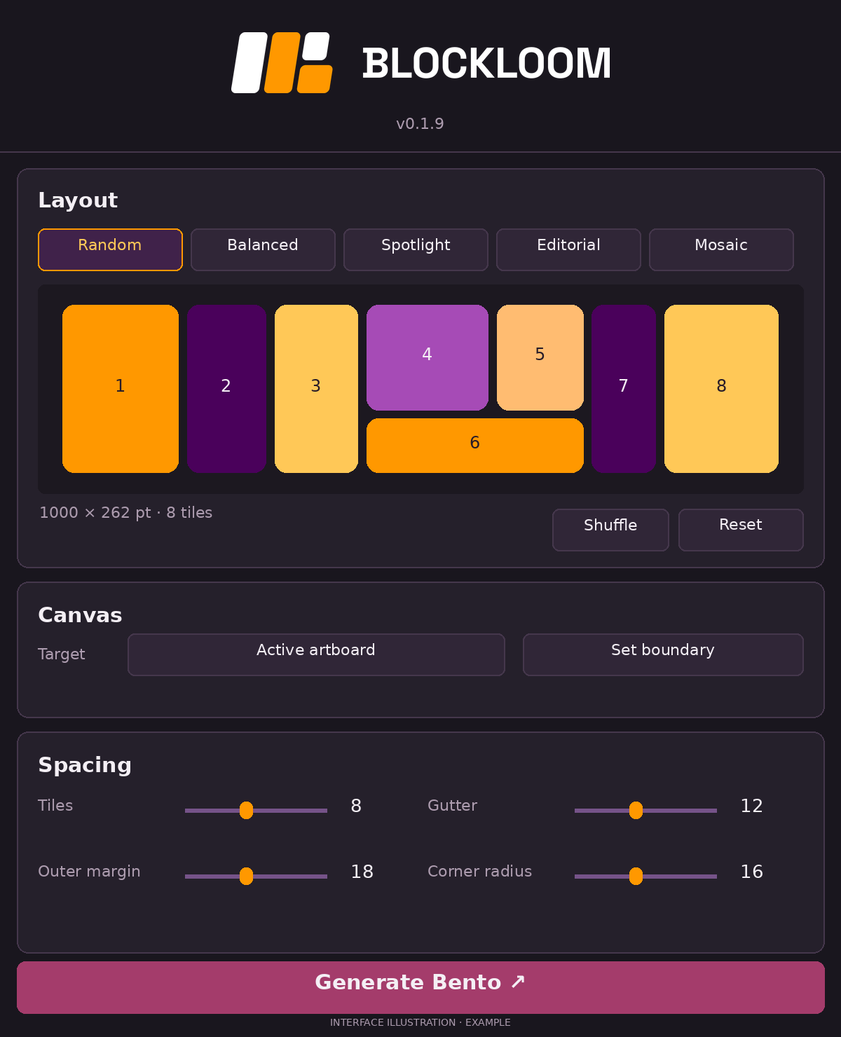 Blockloom interface illustration with an example bento layout